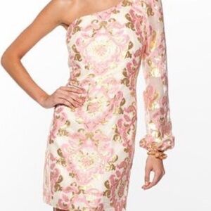 Lilly Pulitzer Naomi Diva One-Shoulder Pink and Gold Cocktail Dress Womens Sz 6